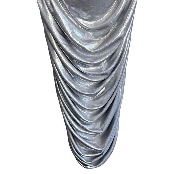 Norma Kamali Dress Womens Large Walter Lamé Gunmetal Silver Sweetheart Neck Midi - Picture 4 of 8
